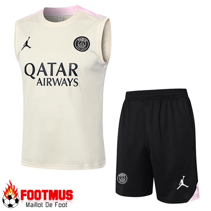 Grossiste Ensemble Training Debardeur PSG Beige/Noir 2024/2025 Pas Cher